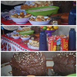 Christmas breakfast inc Christmas chocolate cake made by Viviane, Jair and Aparecida's daughter