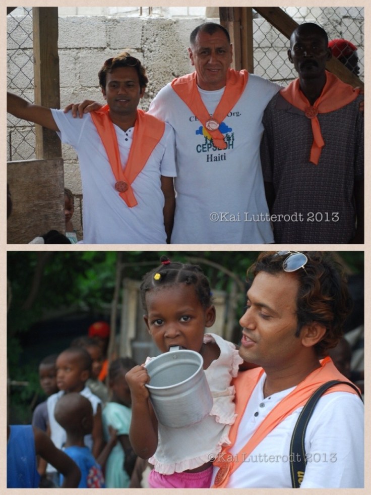 Carlos stands in the middle with Shanti 'Paudel' to his right and another worker to the left. Below: Paudel holds a child from one of the cams