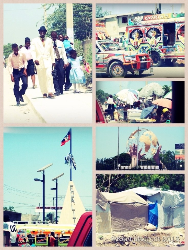 Scenes around Port-au-Prince. A family dressed in 'sunday best', colourfully painted tap-taps, evidence that life hasn't changed much for some people still living in camps