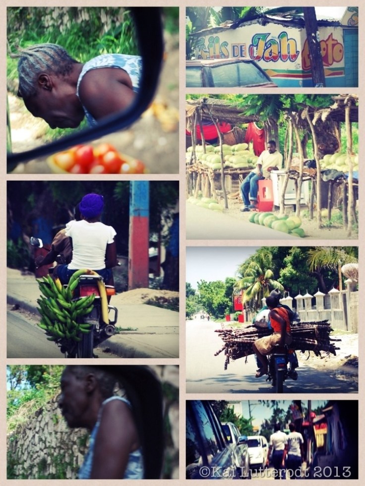 An old lady sells us tomatoes... Moto-taxis transport passanges- and various foods