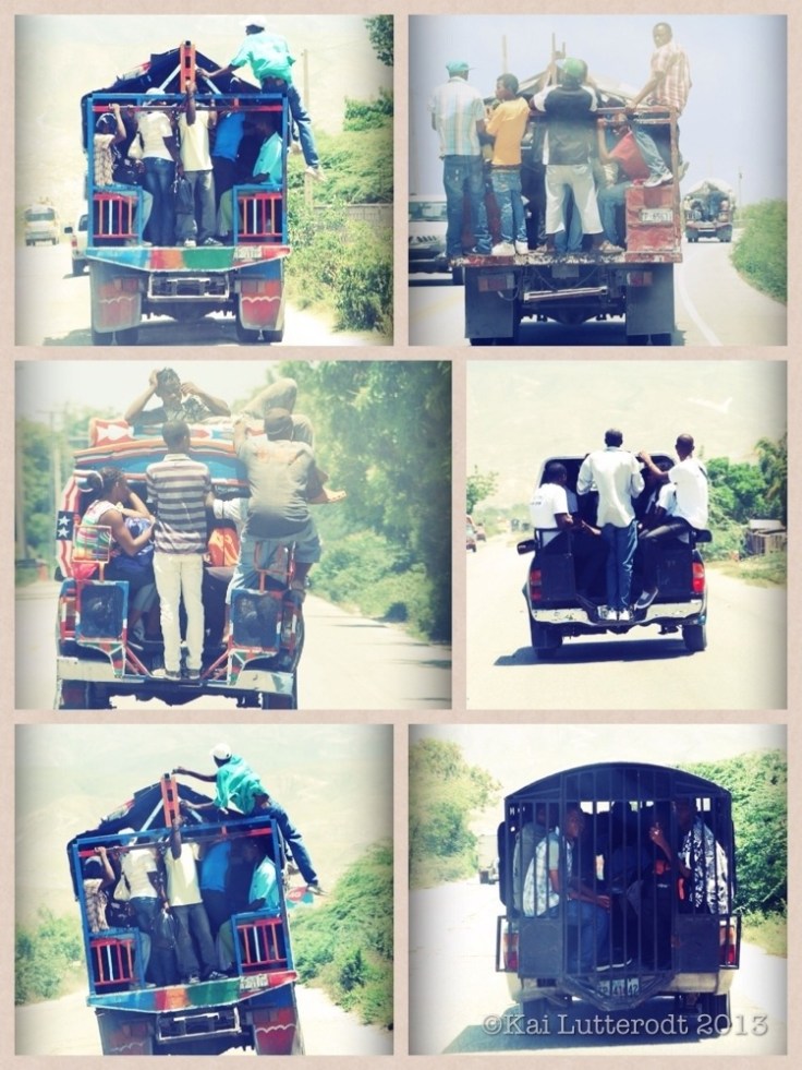 On the highway... Overfilled tap-taps. It is common for people to stand is seats are unavailable. -A caged tap-tap. Believed to be revent theft as the tap-tap passes Cité Soliel... Port-au-Prince's notourious neighborhood 