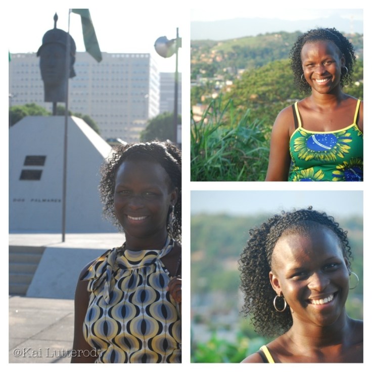 Patricia stands by the Homage to Zumbi statue in Rio